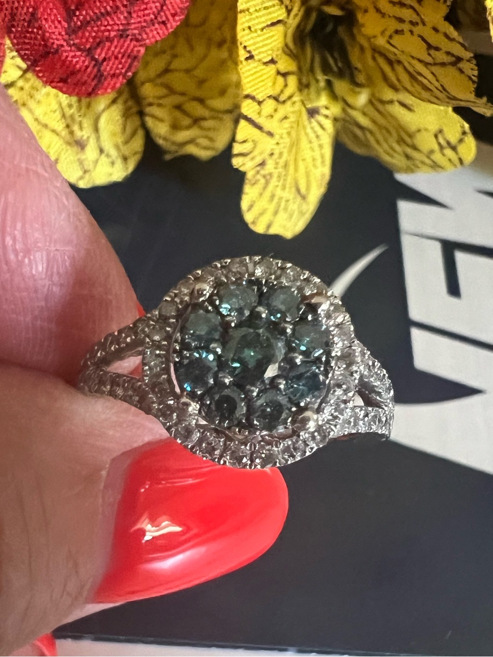 10k Solid White Gold Ring with 1 carat Blue and White Diamonds - Picture 3 of 15